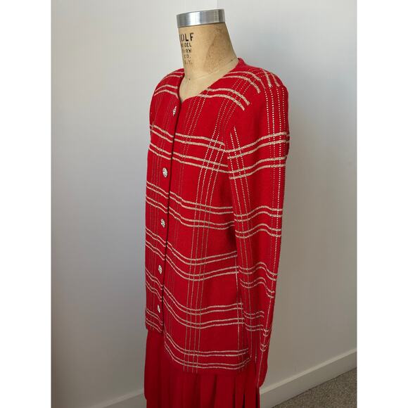 Toula Vintage Red & Gold Plaid Knit Suit with Pleated Skirt size 8 - Picture 2 of 8